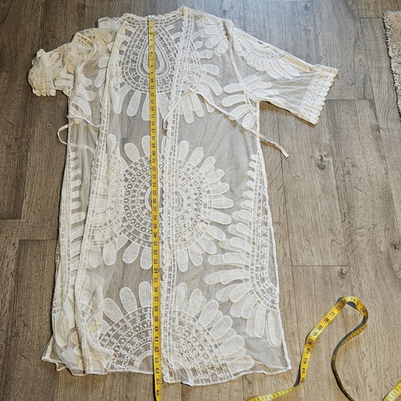 White Embroidered Lace Duster Kimono Long Coverup See through - Picture 8 of 8